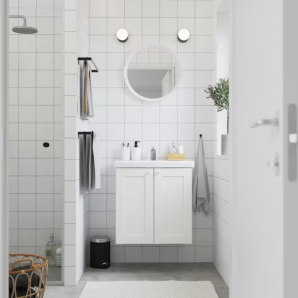 Wash-basin cabinet with 2 doors, white frame/white Pilkån tap, 64x43x65 cm