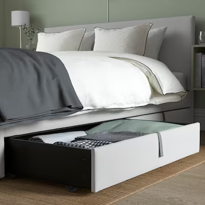 GLADSTAD Upholstered bed, 2 storage boxes, Kabusa light grey, Standard Double