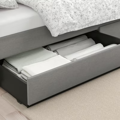 HAUGA Upholstered bed, 2 storage boxes, Vissle grey, Standard Double