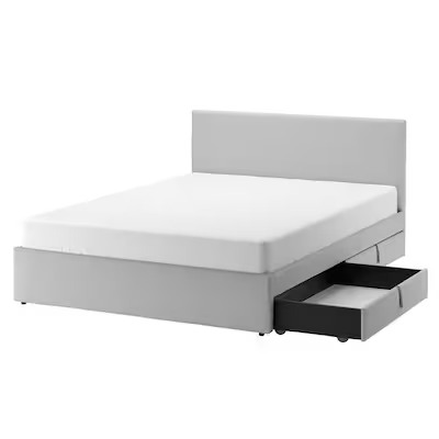 GLADSTAD Upholstered bed, 2 storage boxes, Kabusa light grey, Standard Double