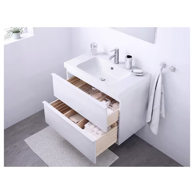 Wash-stand with 2 drawers, high-gloss white/Dalskär tap, 83x49x64 cm