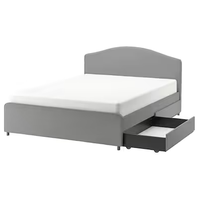 HAUGA Upholstered bed, 2 storage boxes, Vissle grey, Standard Double