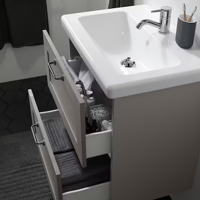 Wash-stand with 2 drawers, grey frame/grey Pilkån tap, 64x43x65 cm