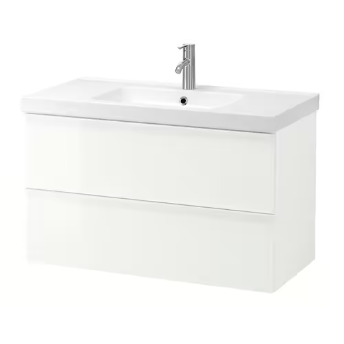 Wash-stand with 2 drawers, high-gloss white/Dalskär tap, 103x49x64 cm