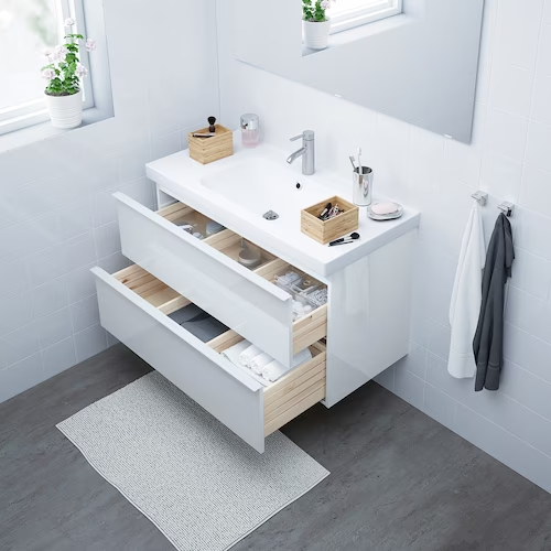 Wash-stand with 2 drawers, high-gloss white/Dalskär tap, 103x49x64 cm