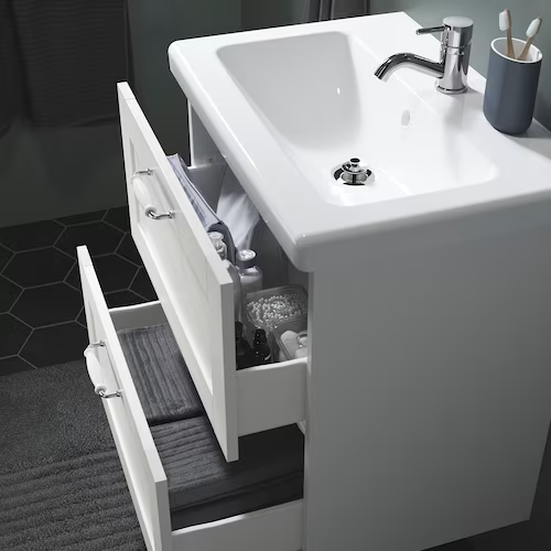 Wash-stand with 2 drawers, white frame/white Pilkån tap, 64x43x87 cm