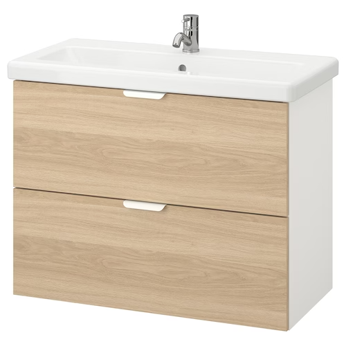 Wash-stand with 2 drawers, oak effect/white Pilkån tap, 84x43x65 cm