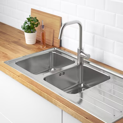 VATTUDALEN Inset sink, 2 bowls with drainboard, stainless steel, 110x53 cm