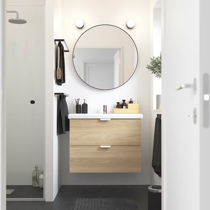 Wash-stand with 2 drawers, oak effect/white Pilkån tap, 84x43x65 cm