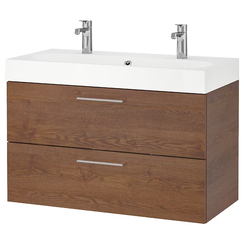 Wash-stand with 2 drawers, brown stained ash effect/Brogrund tap, 100x48x68 cm