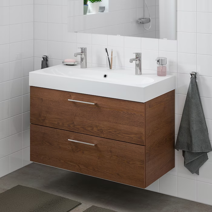 Wash-stand with 2 drawers, brown stained ash effect/Brogrund tap, 100x48x68 cm