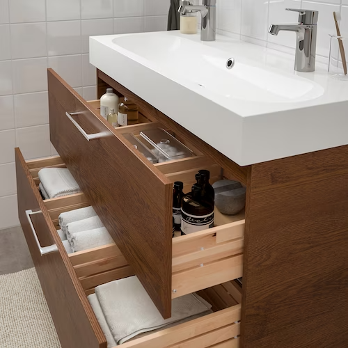 Wash-stand with 2 drawers, brown stained ash effect/Brogrund tap, 100x48x68 cm