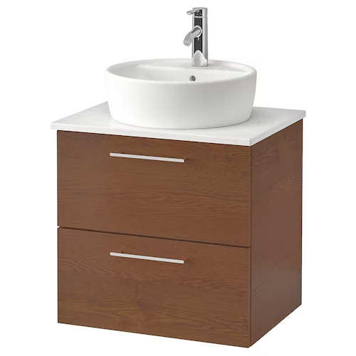 Wsh-stnd w countertop 45 wsh-basin, brown stained ash effect/marble effect Dalskär tap, 82x49x74 cm