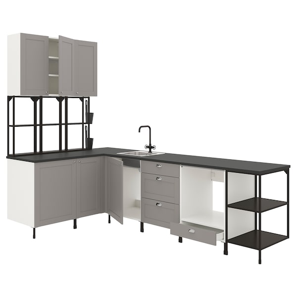Corner kitchen, anthracite/grey frame + Bush Appliances + Installation