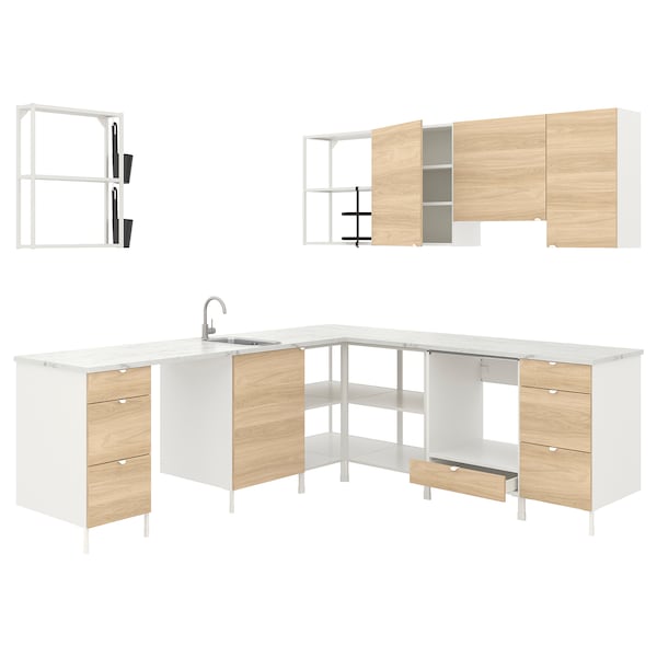 Corner kitchen, white/oak effect + Hoover Appliances + Installation