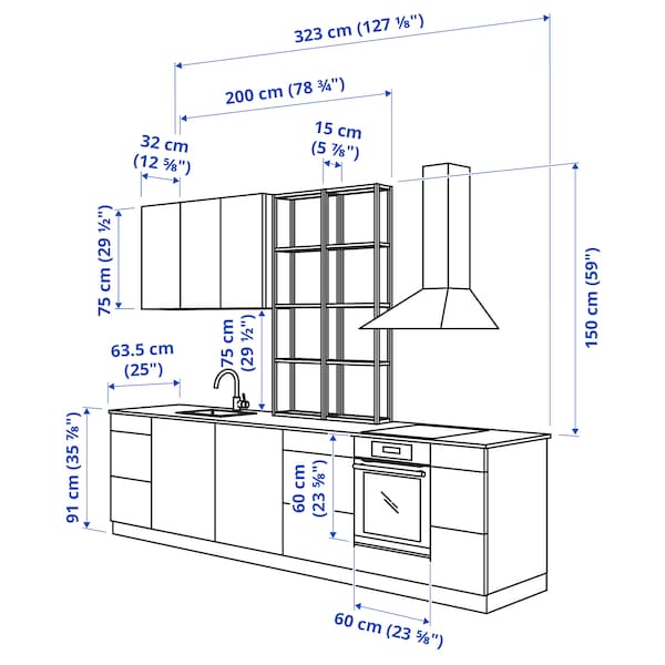 Kitchen, anthracite/concrete effect, 323x63.5x241 cm + Bosch Appliances + Installation