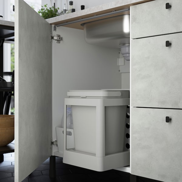 Kitchen, anthracite/concrete effect, 323x63.5x241 cm + Hoover Appliances + Installation