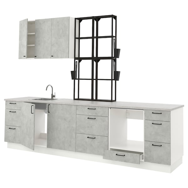 Kitchen, anthracite/concrete effect, 323x63.5x241 cm + Hoover Appliances + Installation
