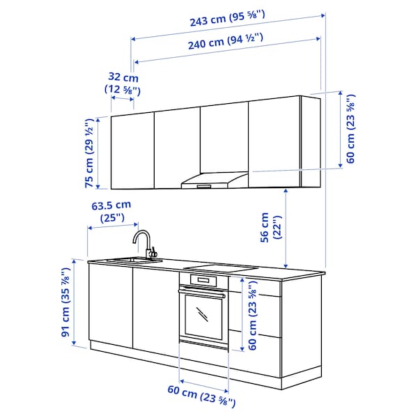 Kitchen, white frame, 243x63.5x222 cm + Bosch Appliances + Installation