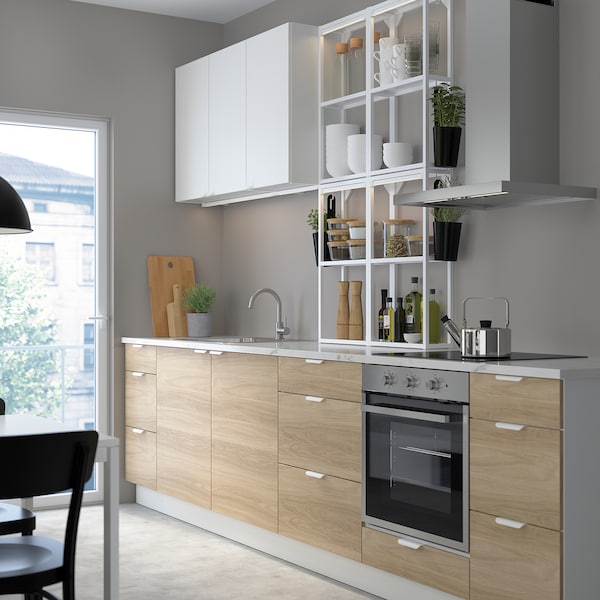 Kitchen, white/oak effect white, 323x63.5x241 cm + Bosch Appliances + Installation