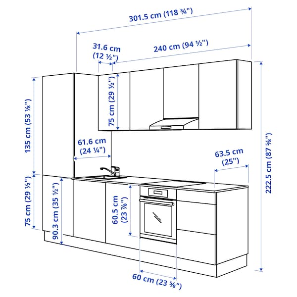 Kitchen, white, 301.5x63.5x222.5 cm + Bush Appliances + Installation