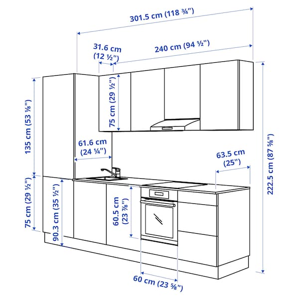 Kitchen, white, 301.5x63.5x222.5 cm + Bosch Appliances + Installation