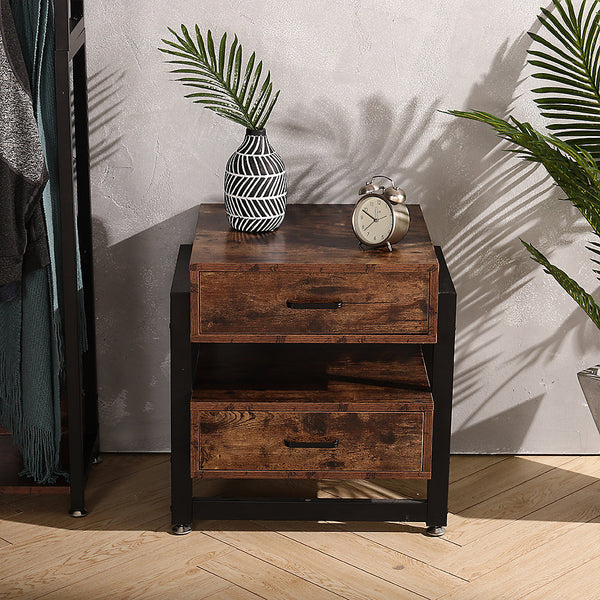 Livingandhome Metal Frame Wooden Bedside Table with 2 Drawers