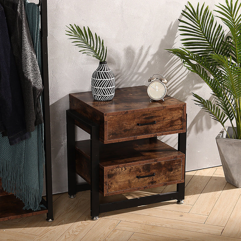 Livingandhome Metal Frame Wooden Bedside Table with 2 Drawers