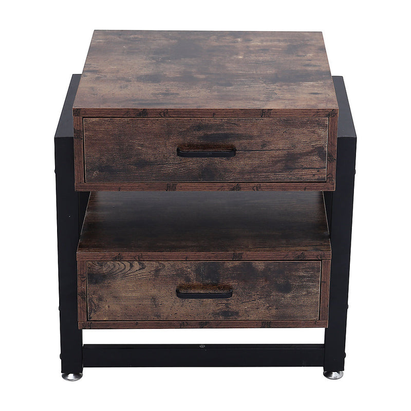 Livingandhome Metal Frame Wooden Bedside Table with 2 Drawers