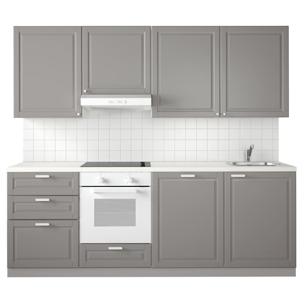 Kitchen, white Maximera/Bodbyn grey, 240x60x228 cm + Bosch Appliances + Installation