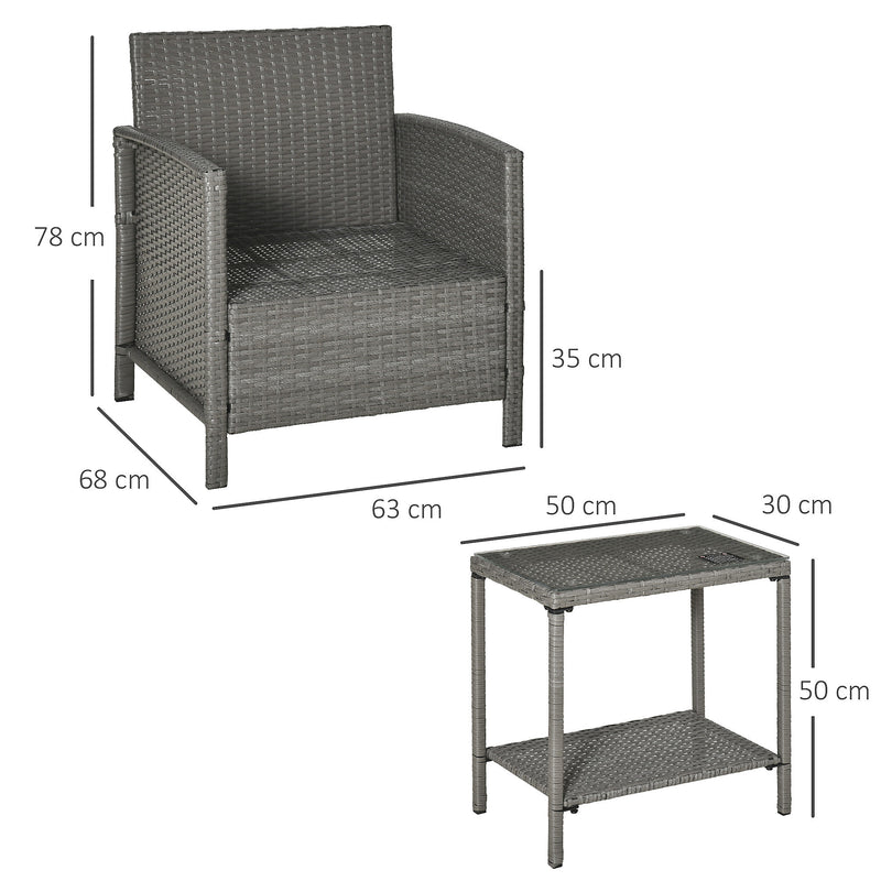 Outsunny 3 PC Rattan Outdoor Cushioned Single Sofa Coffee Table Light, Grey