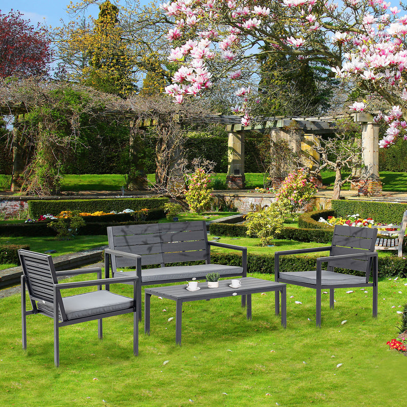 Outsunny 4 Piece Outdoor Conversation Furniture Set with Coffee Table and Cushions Grey