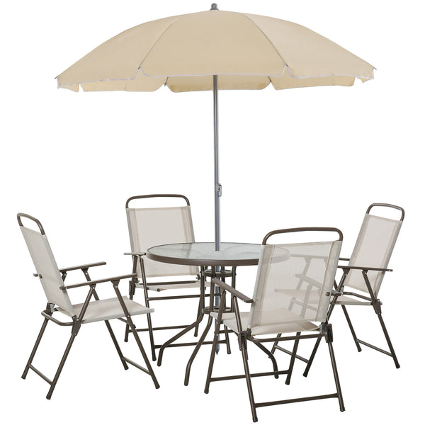 Outsunny 6PC Garden Dining Set Outdoor Furniture Folding Chairs Table Parasol Beige