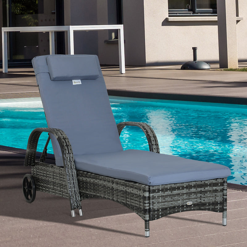 Outsunny Adjustable Wicker Rattan Sun Lounger Recliner Chair with Cushion Grey