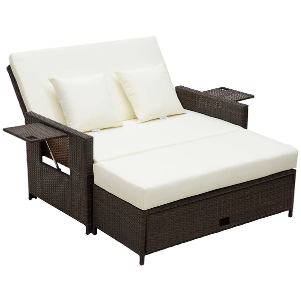 Outsunny Garden Rattan Furniture Set 2 Seater Patio Sun Lounger Daybed Brown