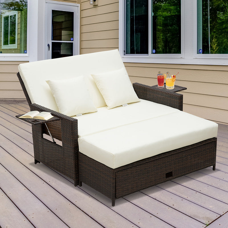 Outsunny Garden Rattan Furniture Set 2 Seater Patio Sun Lounger Daybed Brown