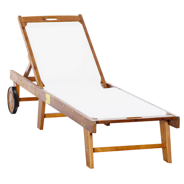 Outsunny Outdoor Texteline Chaise Sun Lounger Acacia Wood Bed Recliner with Wheels
