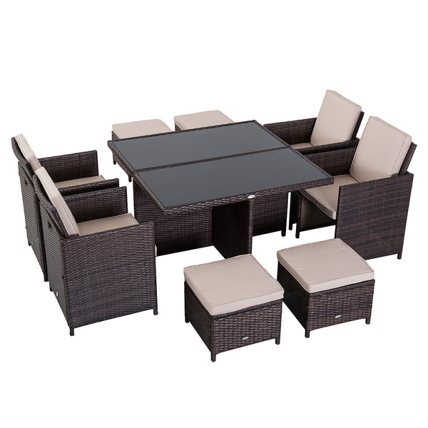 Outsunny Rattan Dining Set Garden Furniture Cube Table Chair Stool Cushion Seat Brown