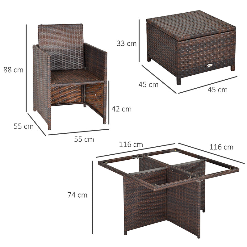 Outsunny Rattan Dining Set Garden Furniture Cube Table Chair Stool Cushion Seat Brown