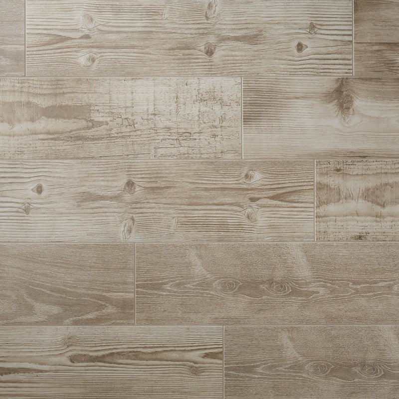 Pine wood Greige Matt Wood effect Porcelain Wall & floor Tile, Pack of 8, (L)800mm (W)200mm