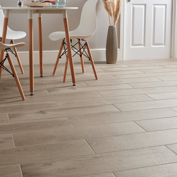 Pine wood Greige Matt Wood effect Porcelain Wall & floor Tile, Pack of 8, (L)800mm (W)200mm