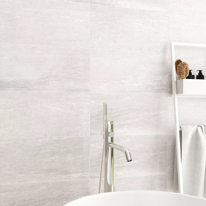 Soft travertin Ivory Matt Patterned Stone effect Porcelain Wall & floor Tile, Pack of 7, (L)600mm (W)300mm