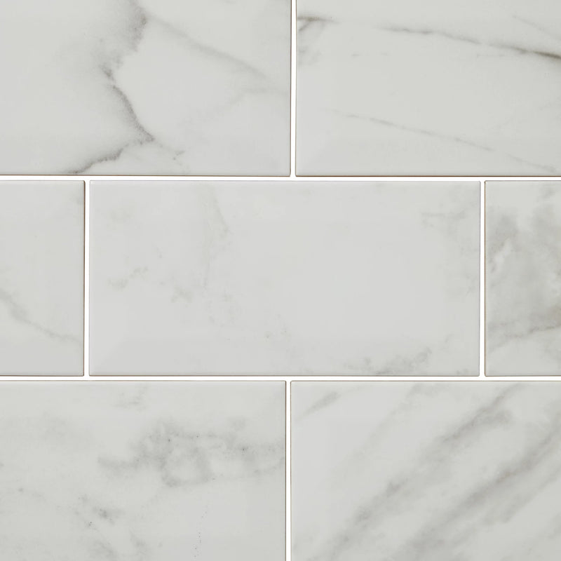 Trentie White Gloss Marble effect Ceramic Wall Tile, Pack of 48, (L)200mm (W)100mm